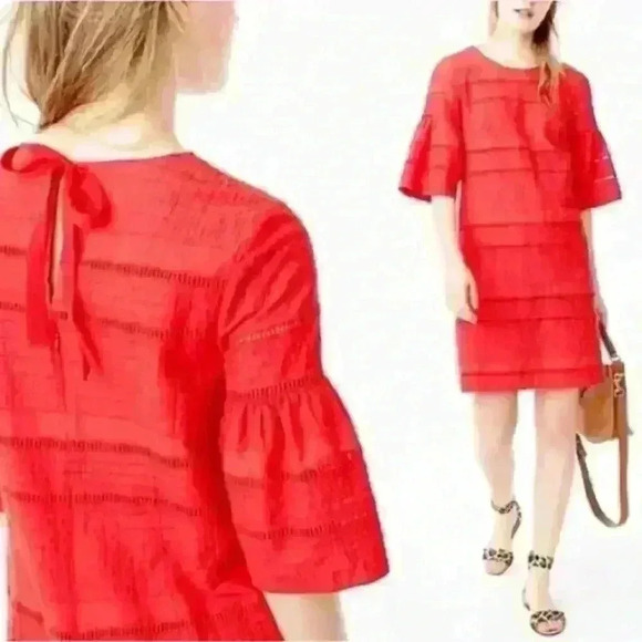 J Crew Flutter Sleeve Eyelet Shift 100% Cotton Dress‎ Red Size 2 Size Small - Picture 1 of 10